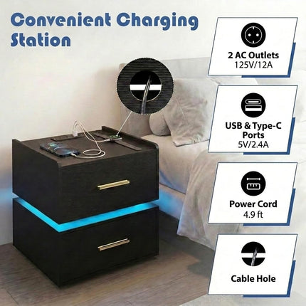 Dreamade LED Night Stand with Charging Station & 2 Storage Drawers (1/2)