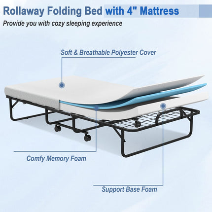 Dreamade Folding Bed with Mattress for Adults, Twin Size Rollaway Beds for Guest, 75"x 38"