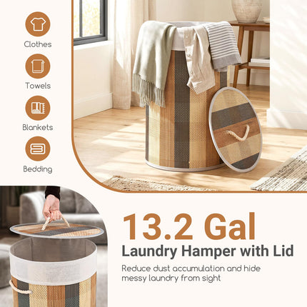 Dreamade 13.2 Gal Round Bamboo Laundry Hamper with Lid