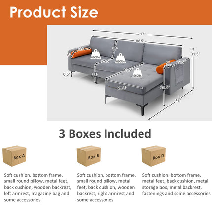 Dreamade 97" Large Couch, 3 Seat Sectional Sofa Set, L-Shaped Modular Sleeper with Chaise Lounge & USB Port & Socket