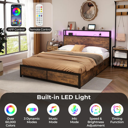 Dreamade Queen/Full Bed Frame with LED Lights Headboard and 4 Storage Drawers