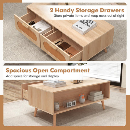 Dreamade Rattan Coffee Table, Mid Century Modern Center Table with 2 Storage Drawers & Back Compartment