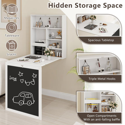 Dreamade Foldable Wall Mounted Desk with Storage Shelves Hooks & Chalkboard