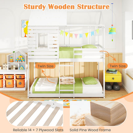 Dreamade White Wood Bunk Bed Twin Over Twin with Ladder and Guardrail