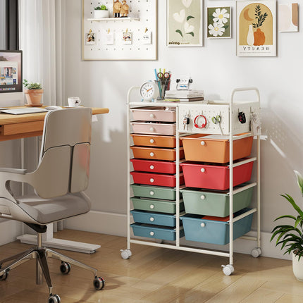 Dreamade 14 Drawer Storage Cart | Rolling Craft Cart with Metal Tabletop & Pegboard
