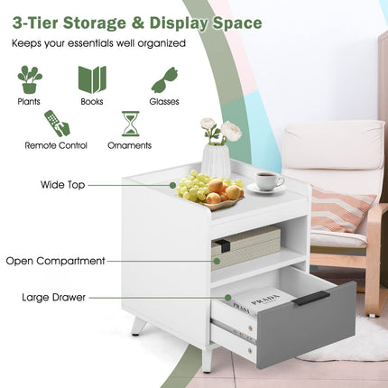 Dreamade Nightstand with Drawer, 3-Tier Bedside Table with Storage Drawer & Open Compartment
