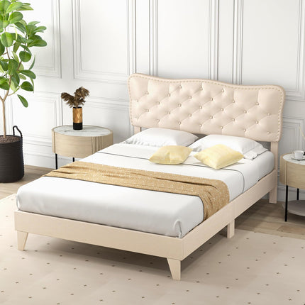 Dreamade Full Size Bed Frame Beige, Linen Fabric Upholstered Platform Bed Frame with Nail Headboard