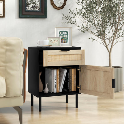 Dreamade Rattan Nightstand Set of 2, Mid Century Modern End Table with Drawer & Cabinet, Sofa Side Table with Sturdy Metal Legs