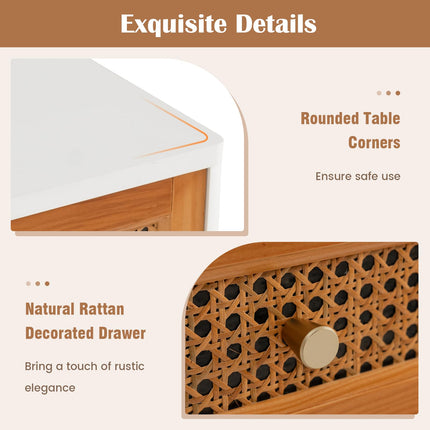 Dreamade Rattan Nightstand, Mid Century Modern End Table with Handwoven Rattan Decorated Drawer