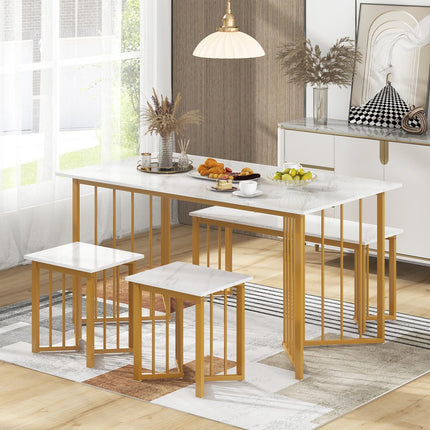 Dreamade 4-Piece Dining Table Set for 4, Kitchen Table Chairs Set with Bench & 2 Stools