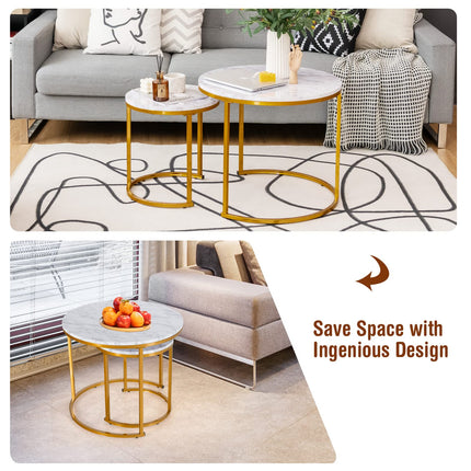 Dreamade Nesting Coffee Table Set of 2, Round Stacking Side Tables with Wooden Tabletop & Powder Coated Steel Frame