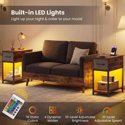 Dreamade Narrow Side Table with Charging Station and LED Lights Industrial End Table
