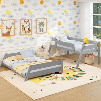 Dreamade Wood Bunk Beds Twin Over Full Size, Solid Wood Floor Low Bunk Bed w/Removable Ladder