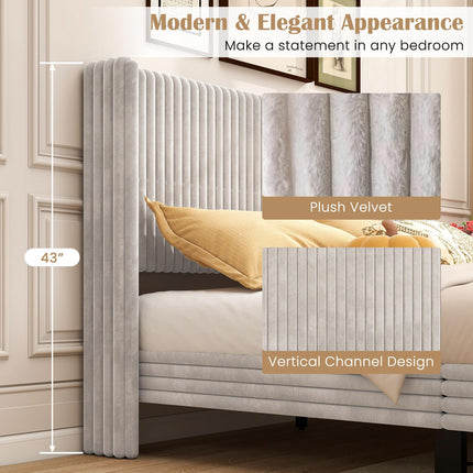 Dreamade Queen Velvet Bed Frame Upholstered Platform Bed with Vertical Tufted Wingback Headboard