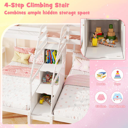 Dreamade Twin Over Twin & Twin Bunk Bed, Triple Bunk Beds with 4-Step Storage Stair, Wooden 3 Bunk Beds for Kids Teens