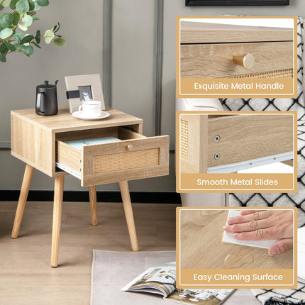 Dreamade Boho Rattan Nightstand Set of 2 - Bedside Table with Hand-Woven Rattan Decoration, Natural