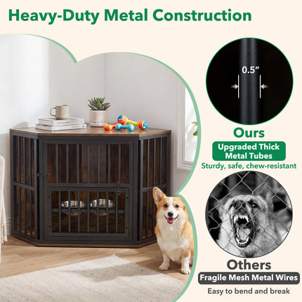 Dreamade Corner Dog Crate Furniture with Adjustable & Reversible Elevated Feeder