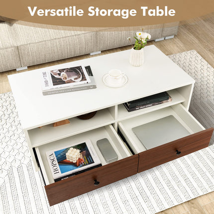 Dreamade Rectangular Coffee Table with Storage, 2 Tier Wood Tea Table with 2 Drawers