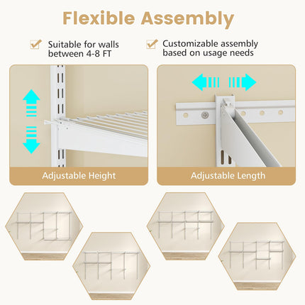 Dreamade Closet Organizer System 4-8 FT Wall-Mounted Closet Shelves and Rod