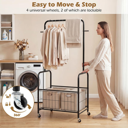Dreamade 35" Clothes Rack with Storage Basket & Lockable Wheels