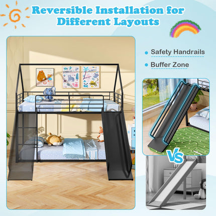 Dreamade Twin Over Twin Bunk Bed with Slide & Ladder House-Shaped Metal Bunk Bed Frame with Safety Guardrail & Roof