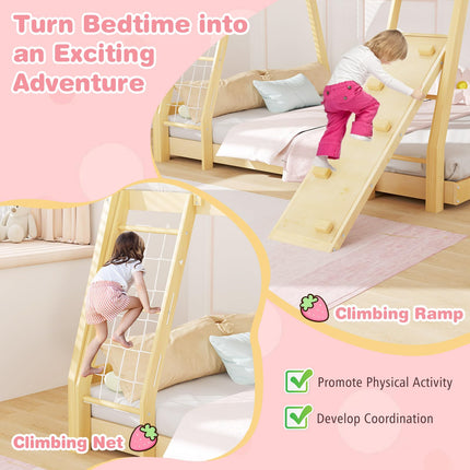 Dreamade Twin Over Queen Bunk Bed, Wood House Bunk Bed for Kids with Climbing Nets and Ramp