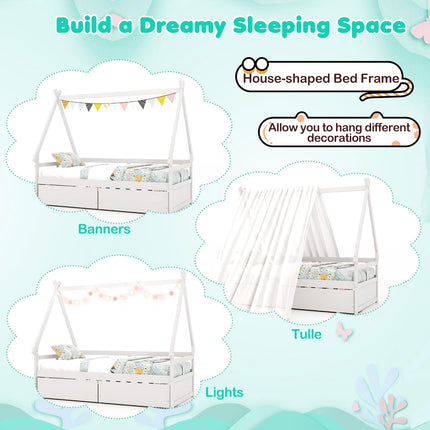 Dreamade Twin Bed with 2 Storage Drawers, Wood Montessori House Tent Bed Frame with Safety Guardrail