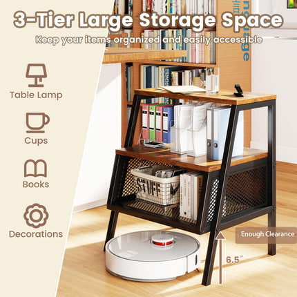 Dreamade Industrial Nightstand 3-Tier End Table with 2 Open Shelves and Metal Mesh Compartment