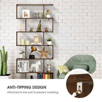 Dreamade Geometric Bookcase Rustic, Solid Wood S-Shaped Bookshelf