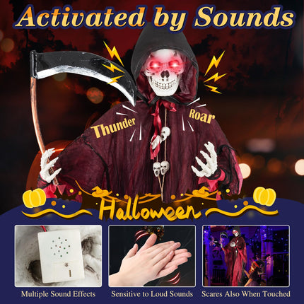 Dreamade 8 Ft Halloween Animatronics, Sound & Touch Activated Grim Reaper with Sickle, Glowing LED Eyes & Scary Voices