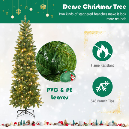 Dreamade 6ft / 7ft Pre-Lit Pencil Christmas Tree, Hinged Artificial Slim Tree with 648 PVC PE Branch Tips - DreamadeUS