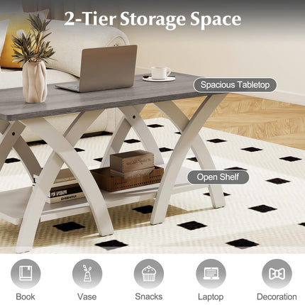 Dreamade Farmhouse Coffee Table 2-Tier Wood Center Table with Storage Shelf & X-Shaped Support Legs