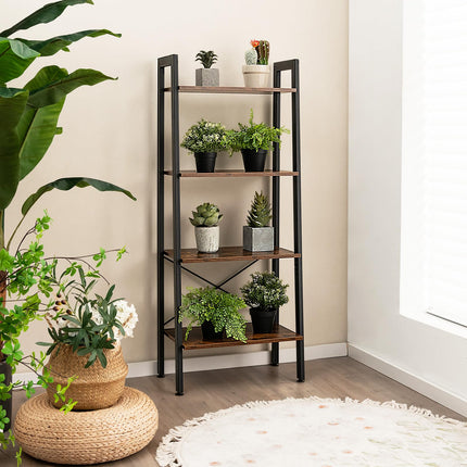 Dreamade Industrial 4-Tier Bookshelf, Ladder Bookshelf with Metal Frame, Anti-Tipping Kits