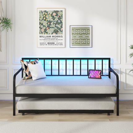 Dreamade Twin Daybed with Trundle, Metal Day Bed with Charging Station & LED Lights