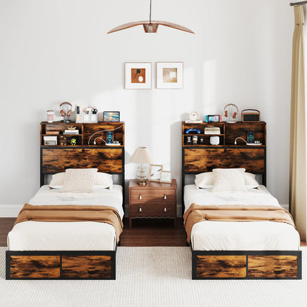 Dreamade King/Queen/Twin Size Bed Frame with Storage Headboard and Charging Station, Industrial Metal Platform Bed