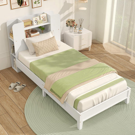 Dreamade Twin Bed Frames for Kids, Wooden Twin Size Bed with Storage Bookcase Headboard