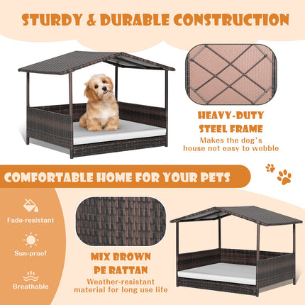 Dreamade Wicker Dog House, Raised Rattan Dog Bed with Roof, Removable Cushion and Steel Frame