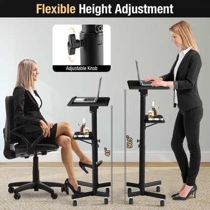 Dreamade Mobile Laptop Podium, Height Adjustable Standing Desk with Storage Tray
