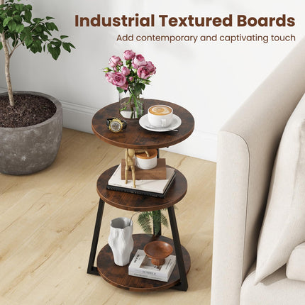 Dreamade Round End Table, Industrial Side Table with Sturdy Metal Frame, Coffee Table, 3-Tier Bedside Table for Bedroom, Living Room