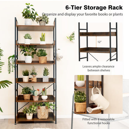 Dreamade Industrial 6-Tier Bookshelf, 70" Tall Freestanding Storage Display Shelf with 4 Hooks
