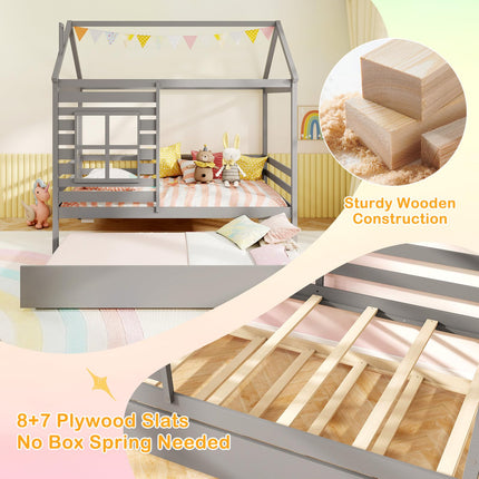 Dreamade Twin House Bed with Trundle Bed Twin, Wooden Twin Bed Frames with Roof, Chimney & Window