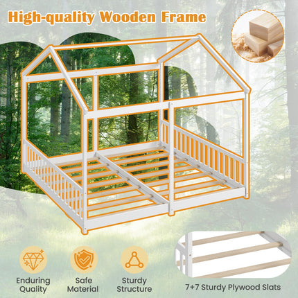 Dreamade Double Twin Floor Beds for 2 Kids, Wood Twin Size House Beds with Safety Guardrails, White