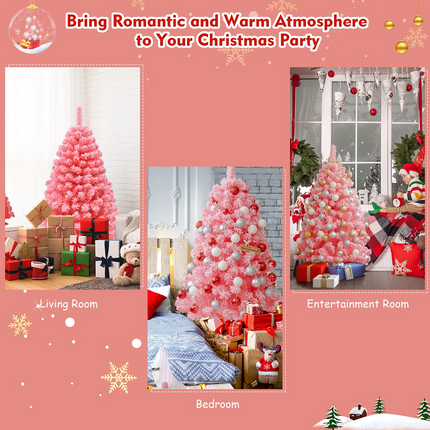 Dreamade 4.5ft Pink Artificial Christmas Tree, Unlit Hinged Snow Flocked Xmas Tree w/ 348 PVC Branch Tips & Metal Stand - DreamadeUS