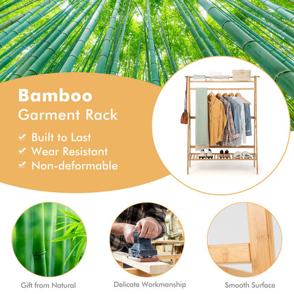 Dreamade 3 Tier Bamboo Clothing Rack with Shelves, Heavy Duty Freestanding Clothes Organizer Rack with Coat Hooks