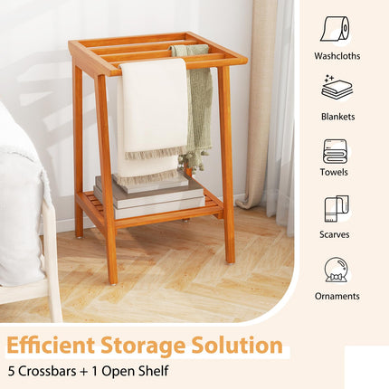 Dreamade Teak Towel Rack for Bathroom, 5 Bars Freestanding Towel Racks with Storage Shelf, 19.5" L x 19.5" W x 31.5" H