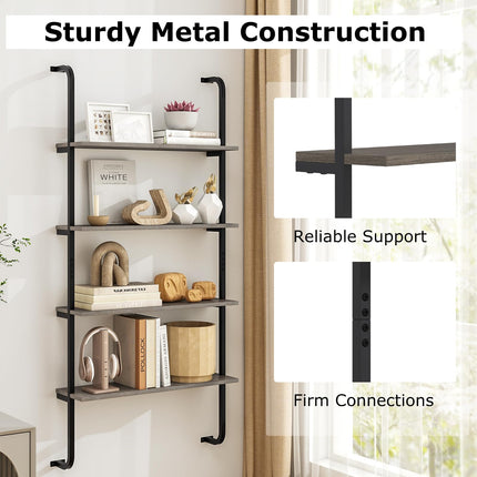 Dreamade 4-Tier Industrial Bookshelf, Wall Mounted Pipe Shelving Unit, Floating Shelves with Metal Frame