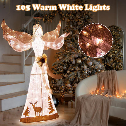 Dreamade Pre-lit 3D Glittered Angel with 100 Warm White Lights Halo Bow Ground Stakes