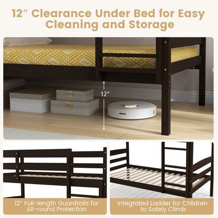 Dreamade Bunk Bed, Solid Wood Detachable Bed Frame with High Guardrails & Integrated Ladder