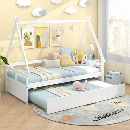 Dreamade Twin House Bed with Trundle, Wood Montessori Tent Bed Frame with Safety Guardrail