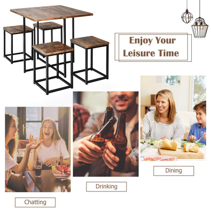 5 Piece Dining Table Set, Dining Set for 4 with Square Stools, Walnut & Black